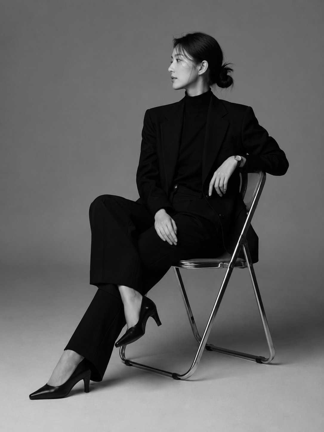 A Korean East Asian woman in her late 20s–early 30s, serene and confide…
