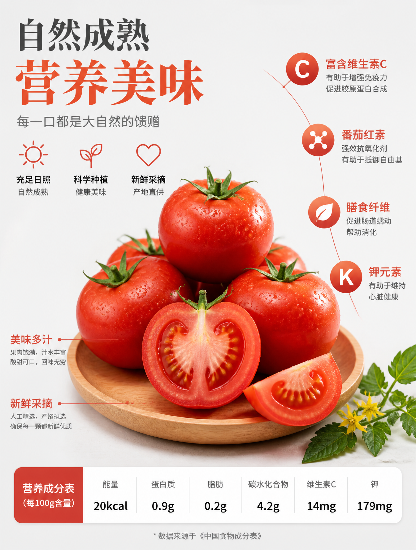 一张简洁的高端食品广告海报，背景为浅灰白色摄影棚背景，以 {argument name="fruit name" default="番茄"} …