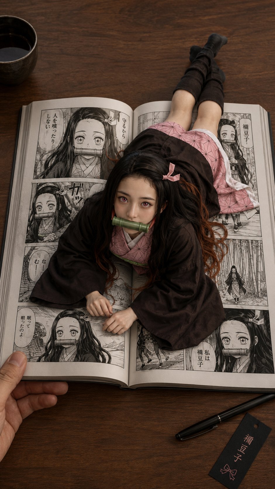Vertical 9:16, ultra-realistic top-down photography. A single open Demo…