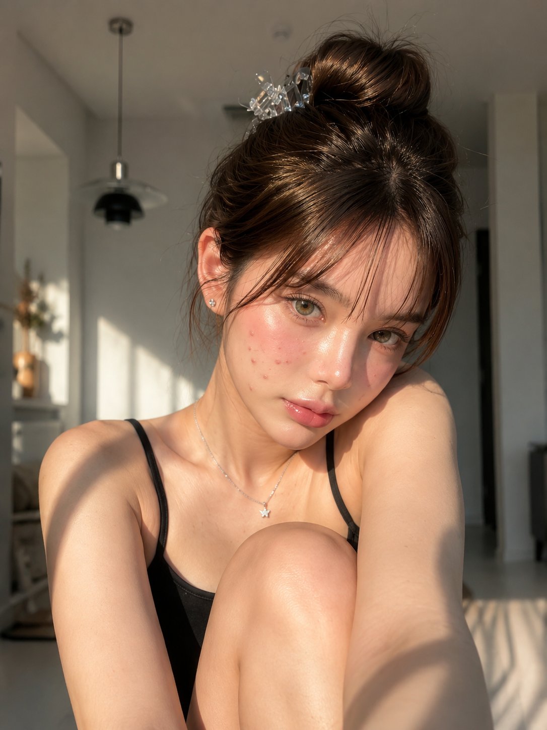 Ultra-realistic close-up beauty selfie of a young woman sitting indoors… 1