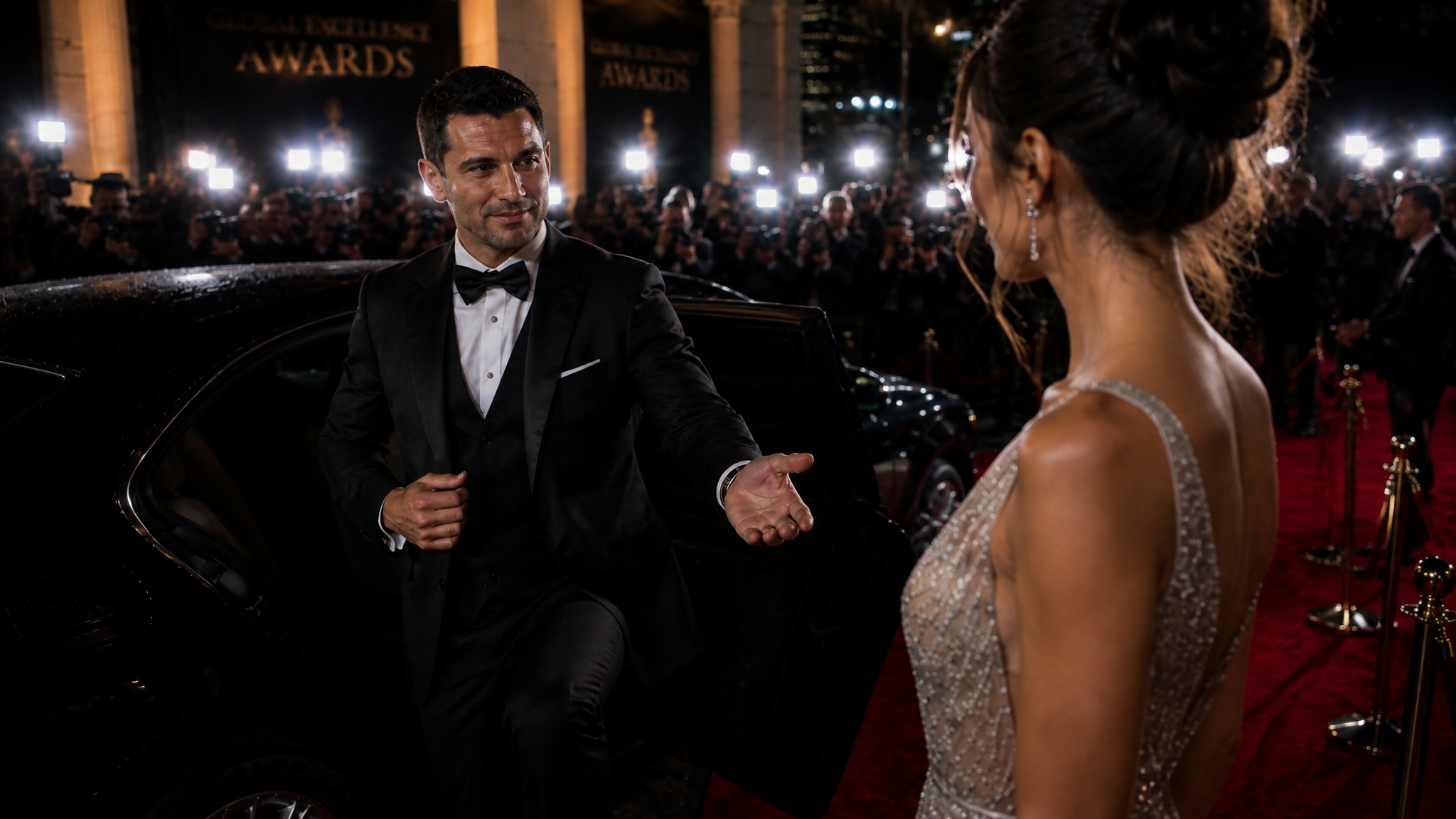 A handsome man in a sharp black tuxedo exits a luxury car, the image sh…