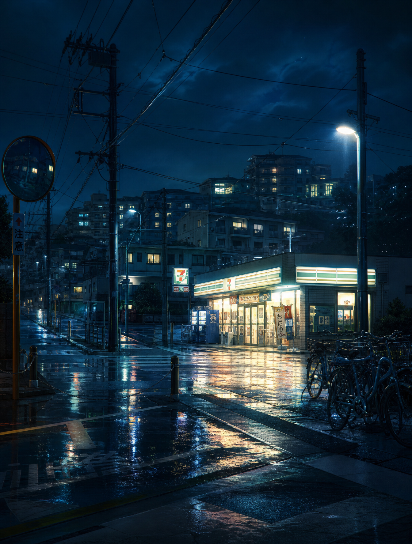 A lonely 24-hour convenience store glowing at midnight beside a quiet s…