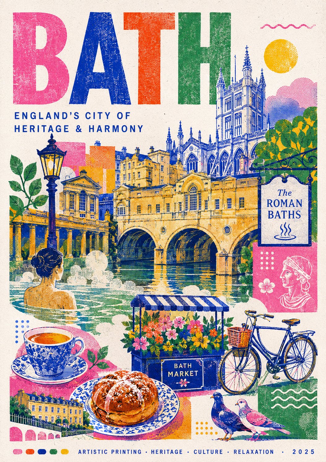 Create a stylish modern travel poster inspired by risography about {DES… 1