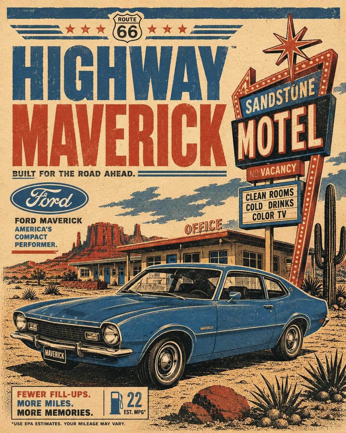 prompt: Create a vertical retro automotive travel poster featuring [CAR…