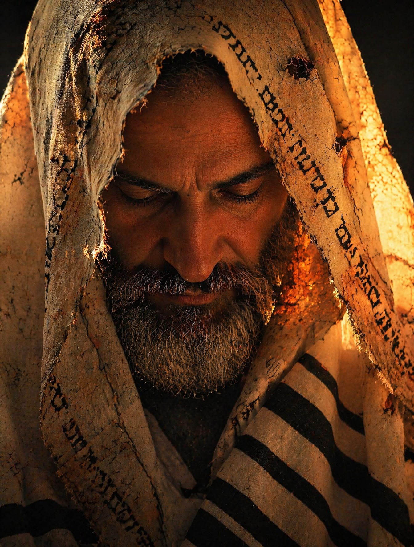 A man with a salt-and-pepper beard is captured in a contemplative, down…