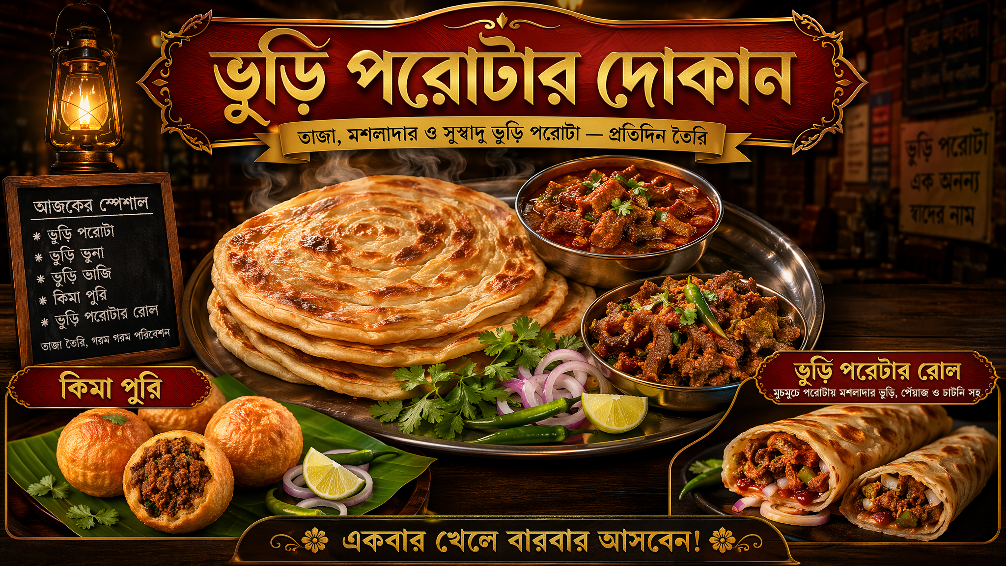 A premium cinematic Bangladeshi street food poster advertisement, 16:9 …