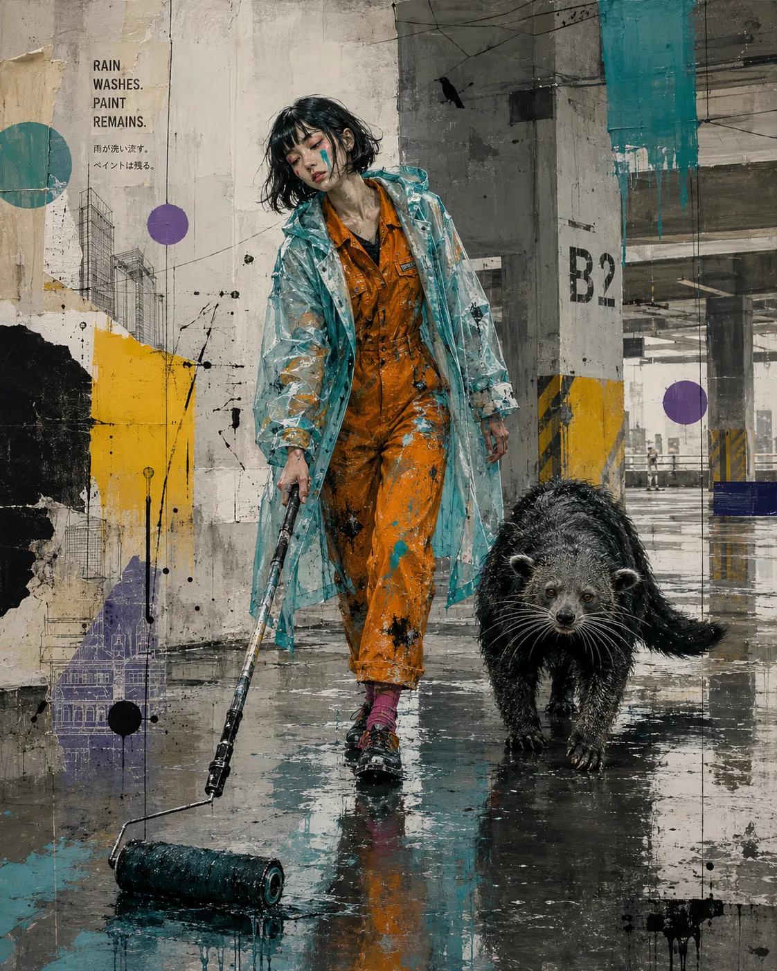 Create a raw neo-urban surrealist portrait in a rain-soaked industrial …