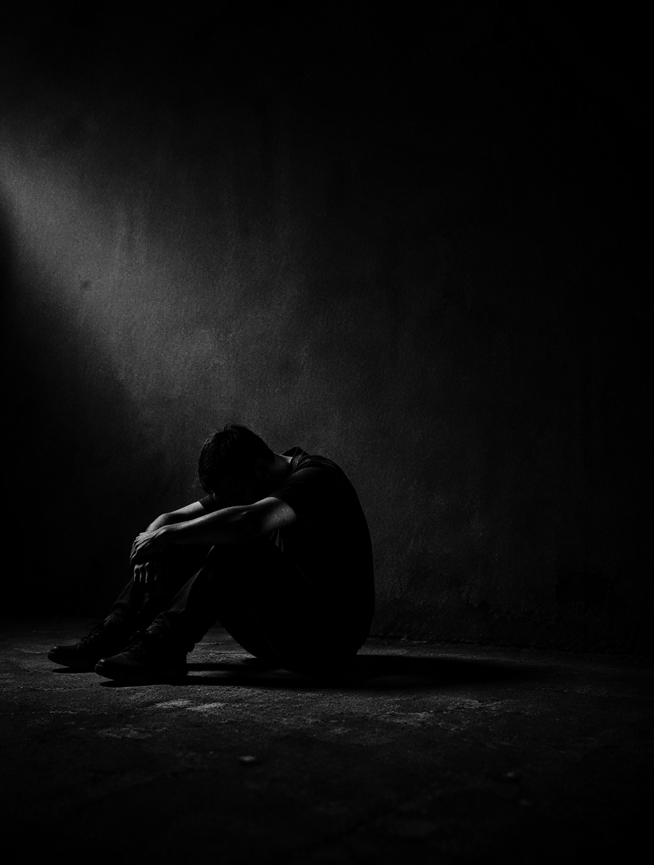 Minimalist, high-contrast silhouette of a lonely man slumped over sitti…