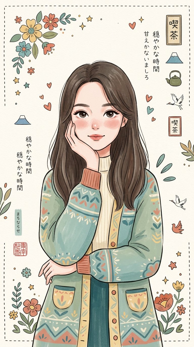Create a cozy Japanese-inspired whimsical folk-art illustration of a cu… 1