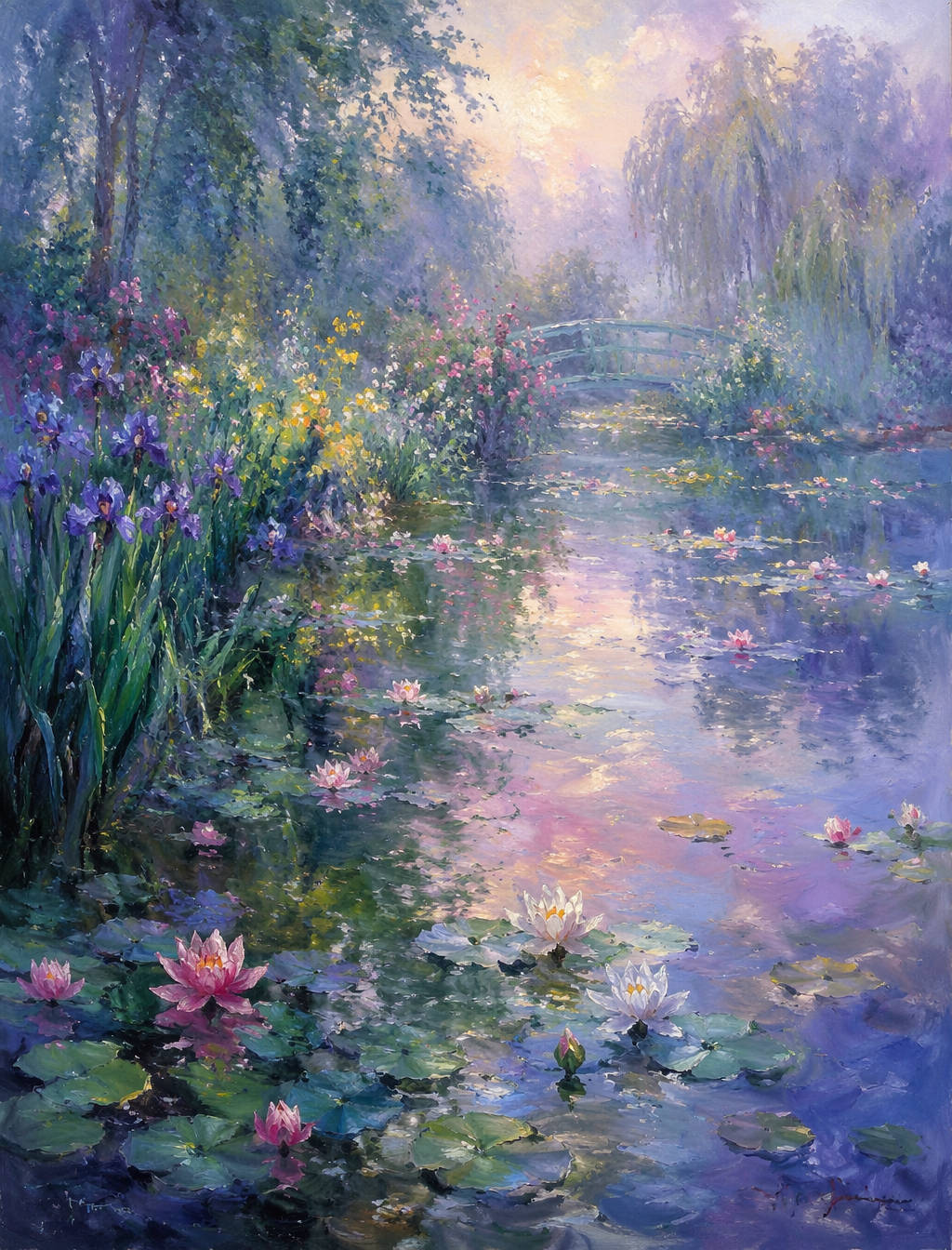 Impressionist oil painting in the style of Monet, summer lotus pond sce…