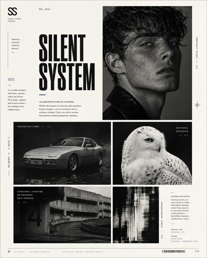Avant-garde graphic design poster page, elegant editorial layout, off-w…