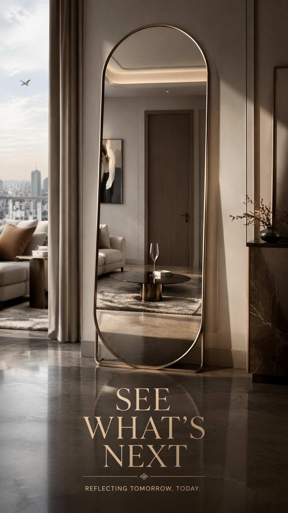 A premium 9:16 mirror advertising poster.Main Subject:A luxury standing…