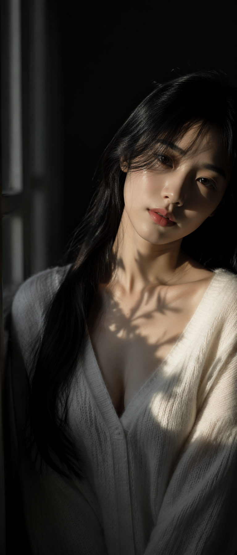 Vertical half-body portrait photo, young East Asian woman with long bla…