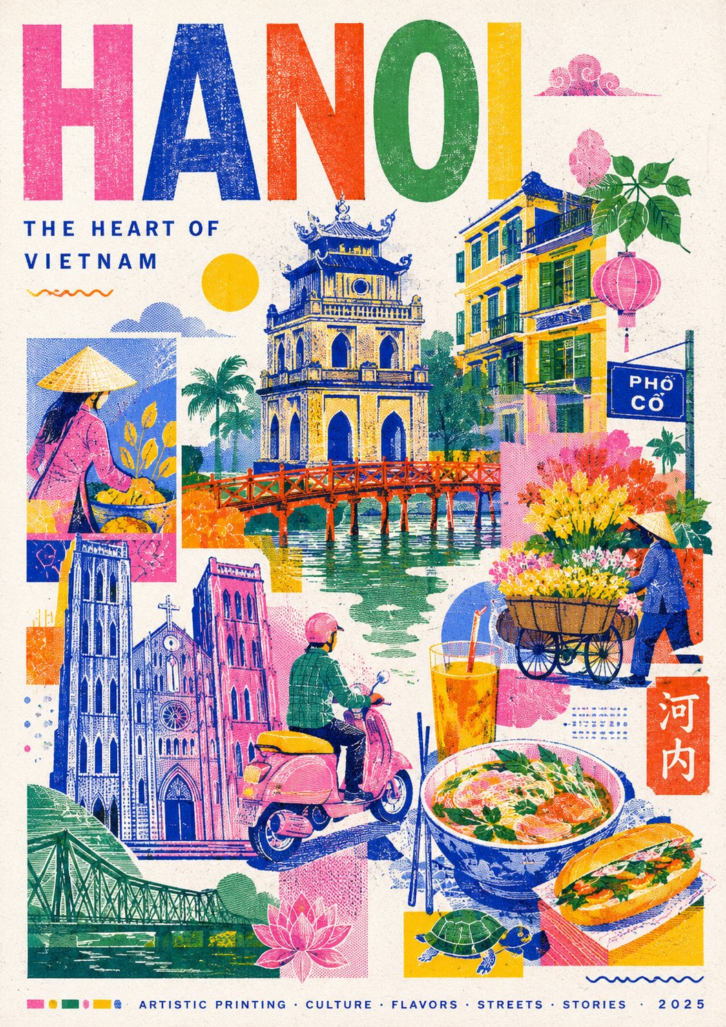 Create a stylish modern travel poster inspired by risography about {DES…