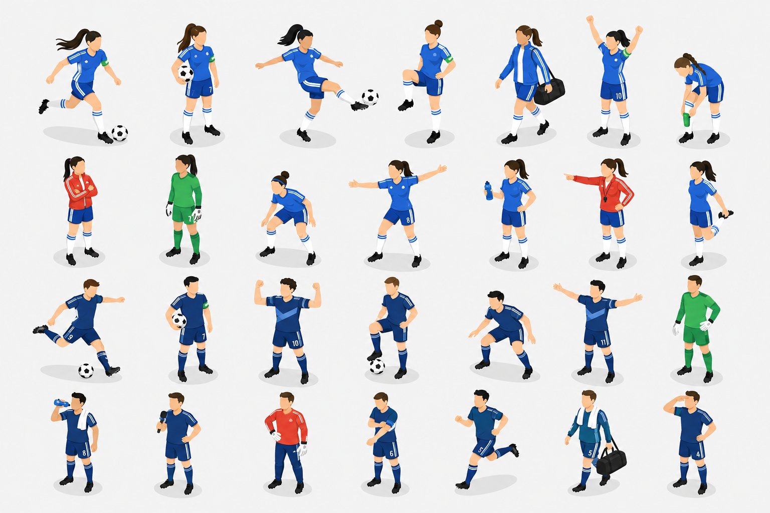 An isometric-style character pose sheet featuring multiple full-body fo…