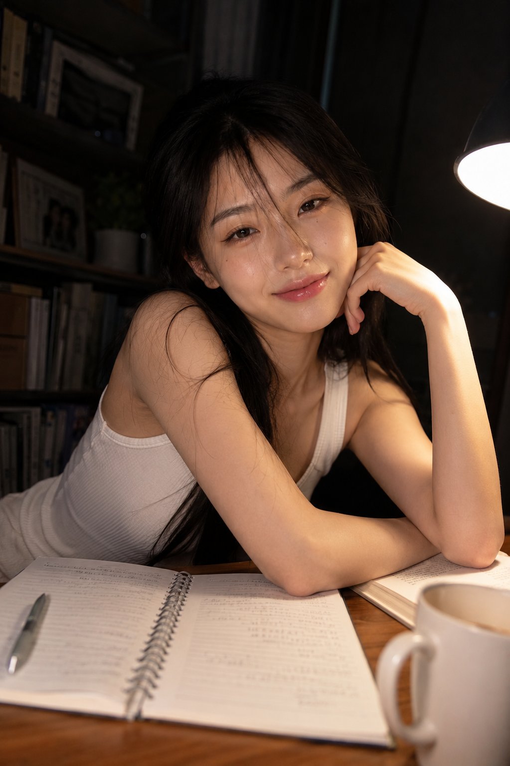 A candid late-night study room portrait of a beautiful young woman sitt…