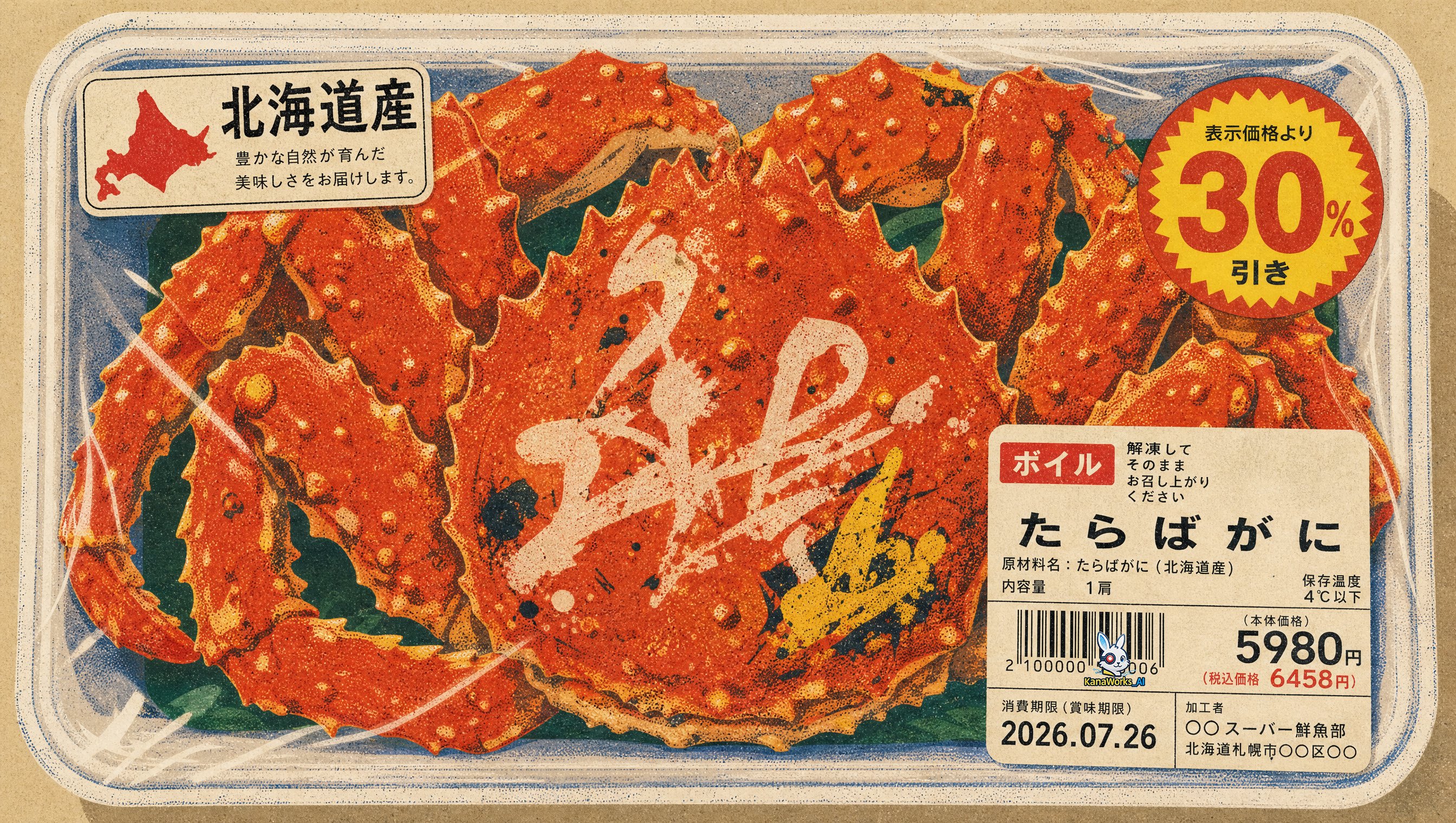 Japanese supermarket promotional poster, tactile illustration style, re…