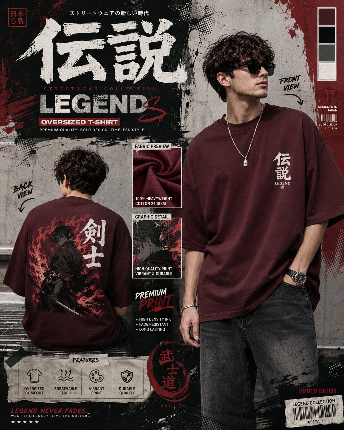 Create a premium Japanese anime inspired streetwear fashion advertiseme…