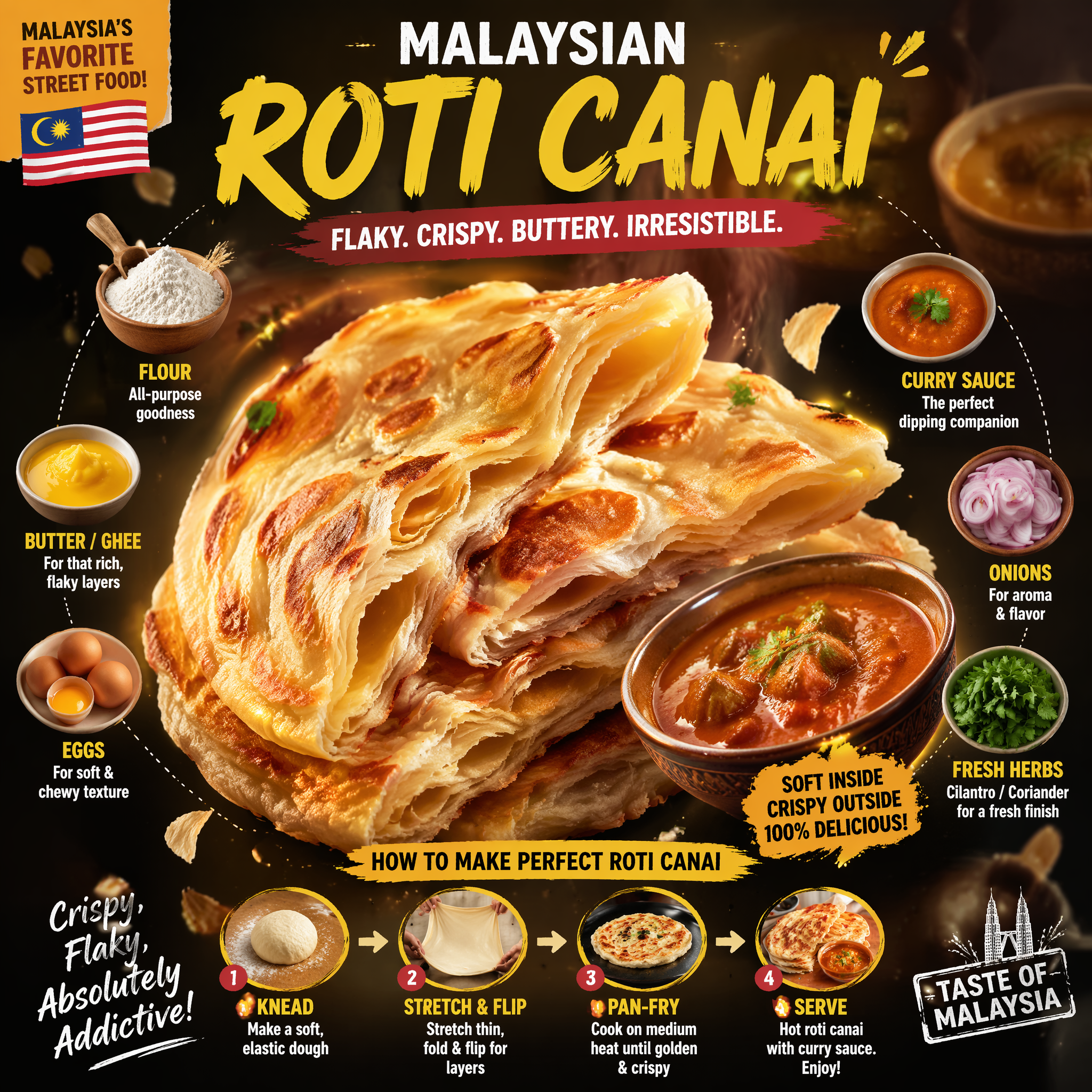 Ultra-viral recipe infographic.Showcase MALAYSIAN ROTI CANAI — golden, …