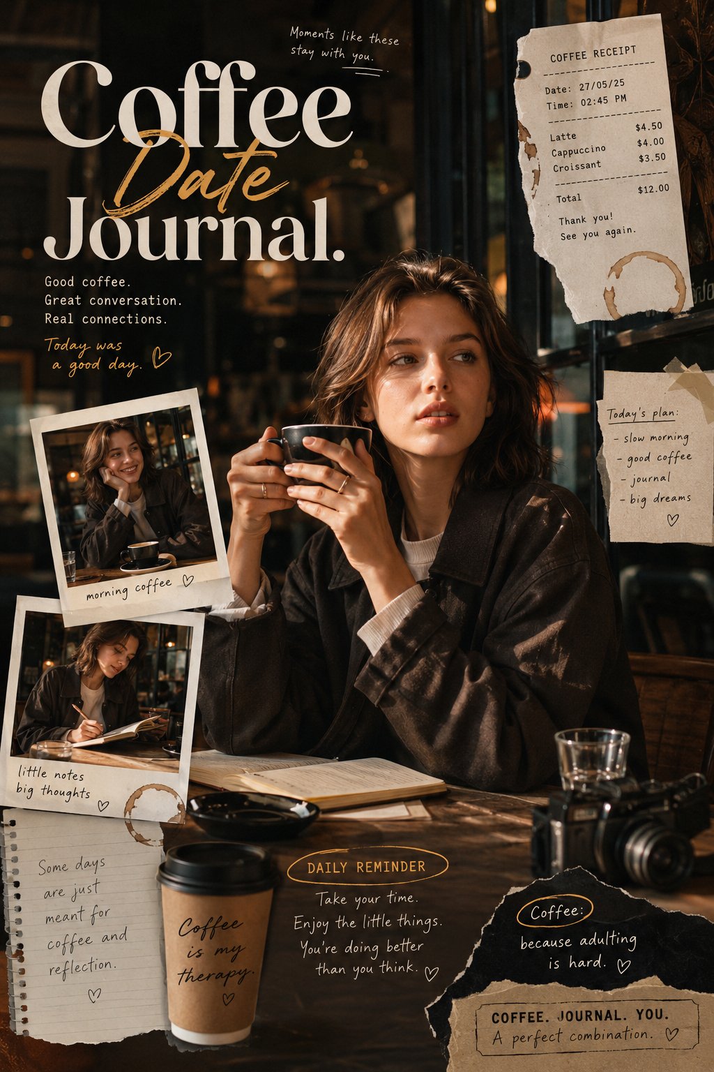 Coffee Date Journal-inspired editorial poster with a warm, intimate cof…