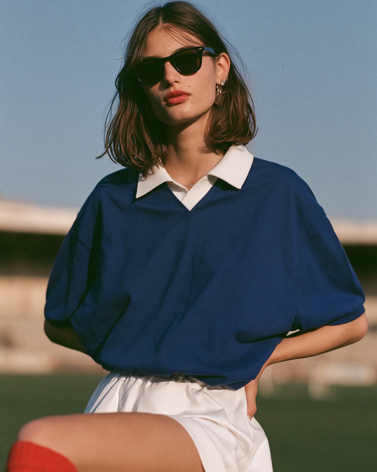Moody sports fashion editorial portrait, stylish young woman standing c… 1