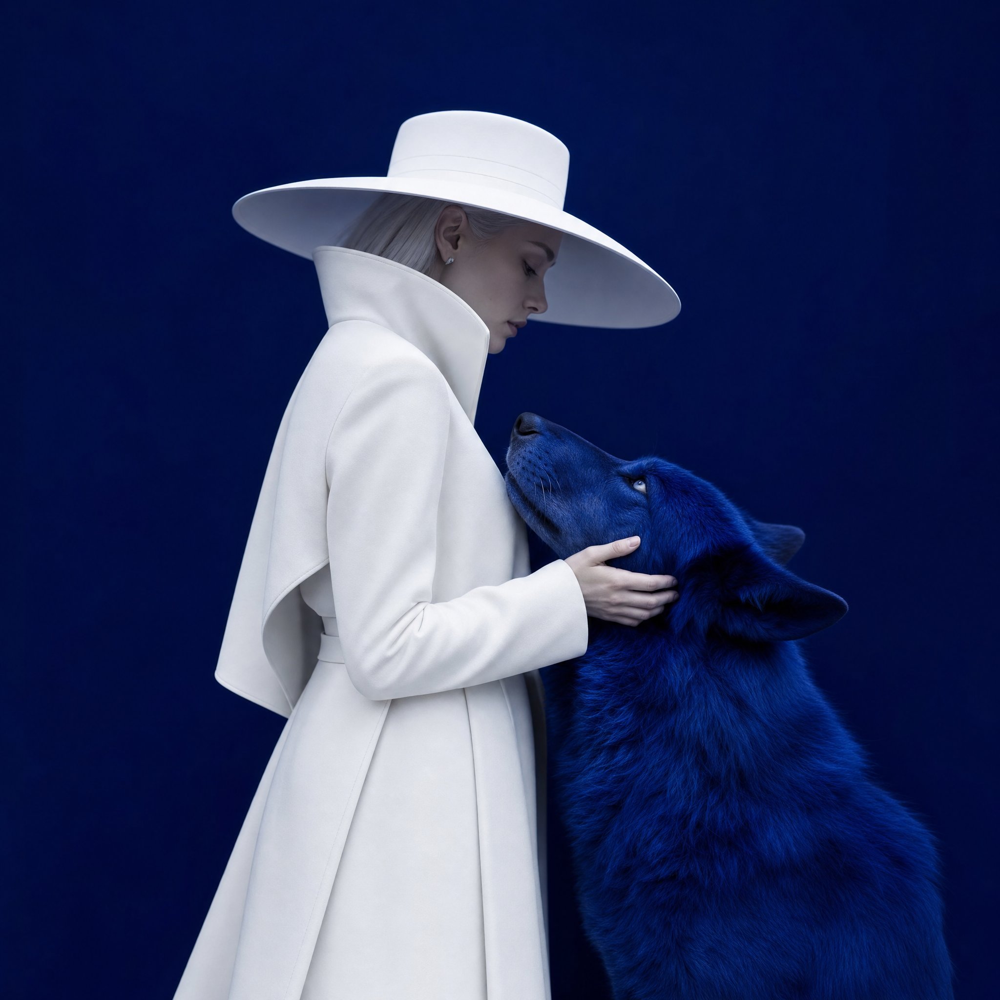 Surreal fashion editorial portrait, woman in full white wide-brim hat a… 2