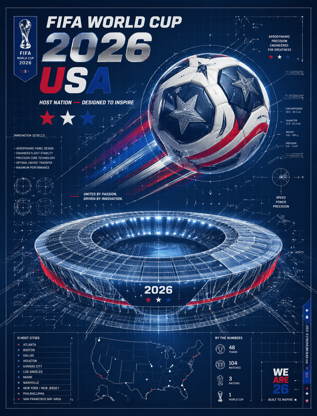 FIFA World Cup 2026 USA blueprint poster, blue-red-white palette, techn…