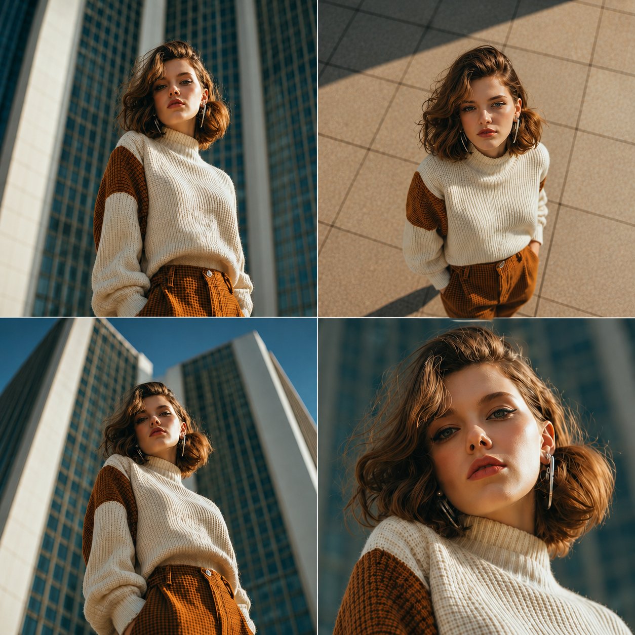 A low-angle, dramatic worm's-eye view shot of a stylish young woman loo…