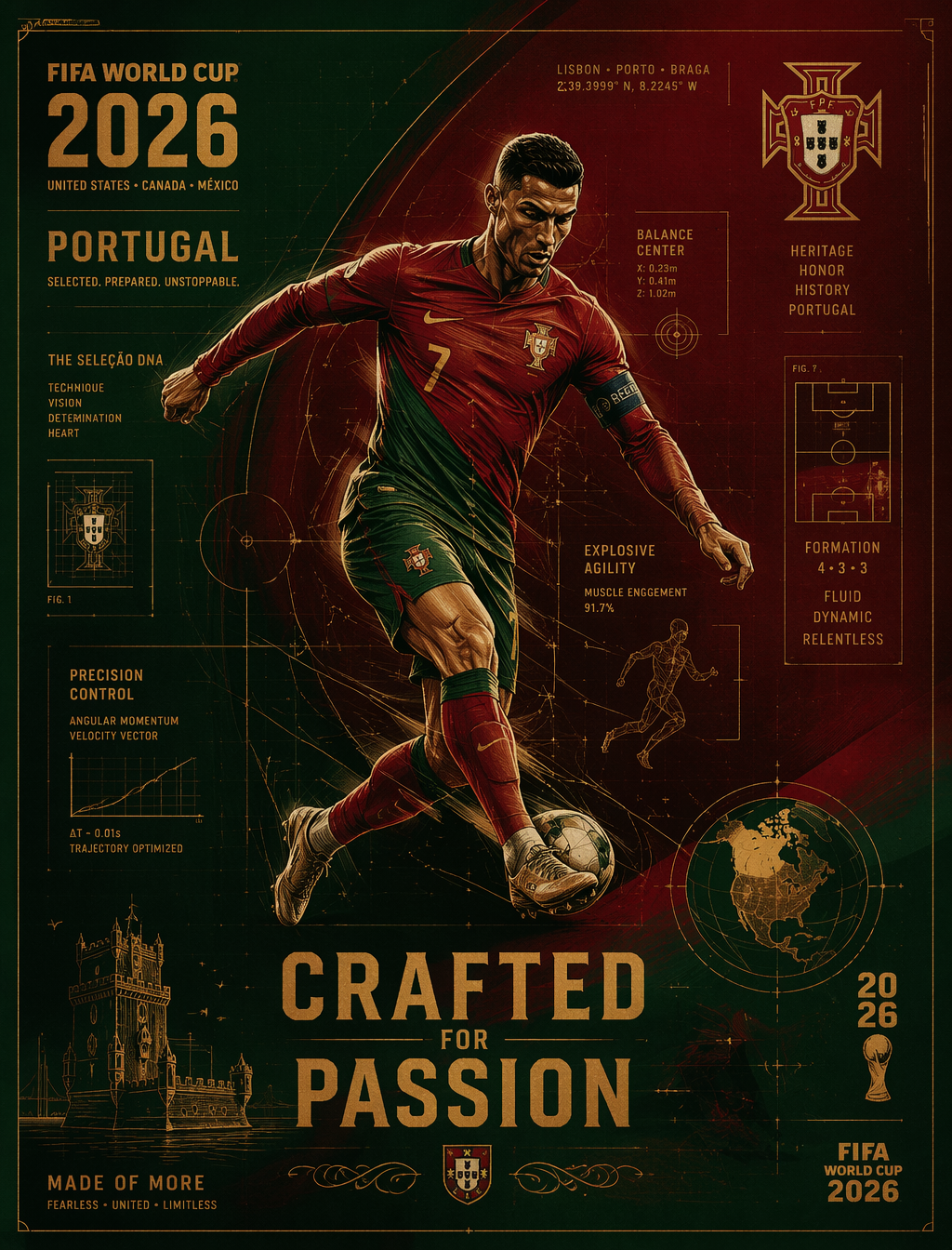 FIFA World Cup 2026 Portugal blueprint poster, deep red-green palette w…