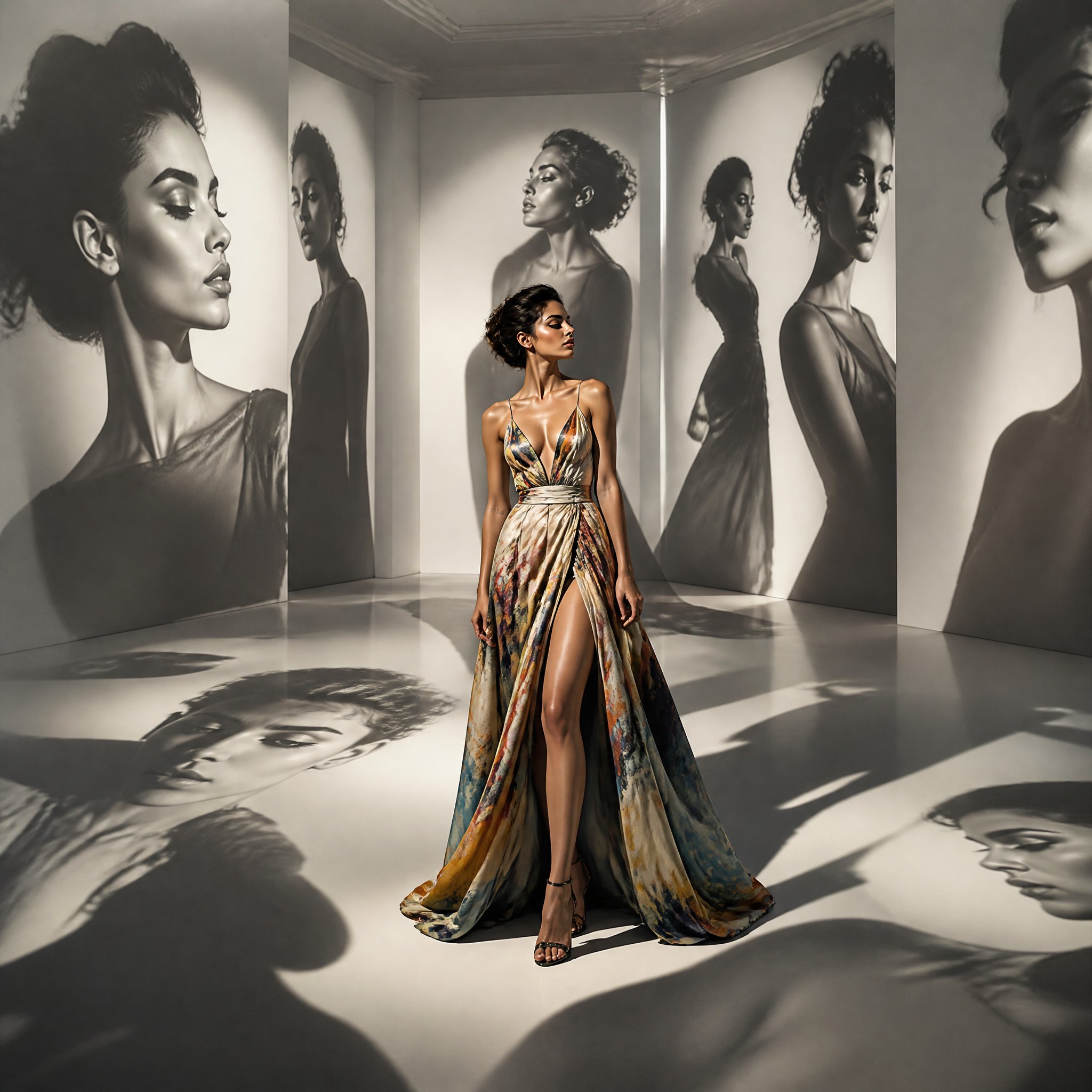 High-fashion editorial portrait. The model stands inside a pristine lux…