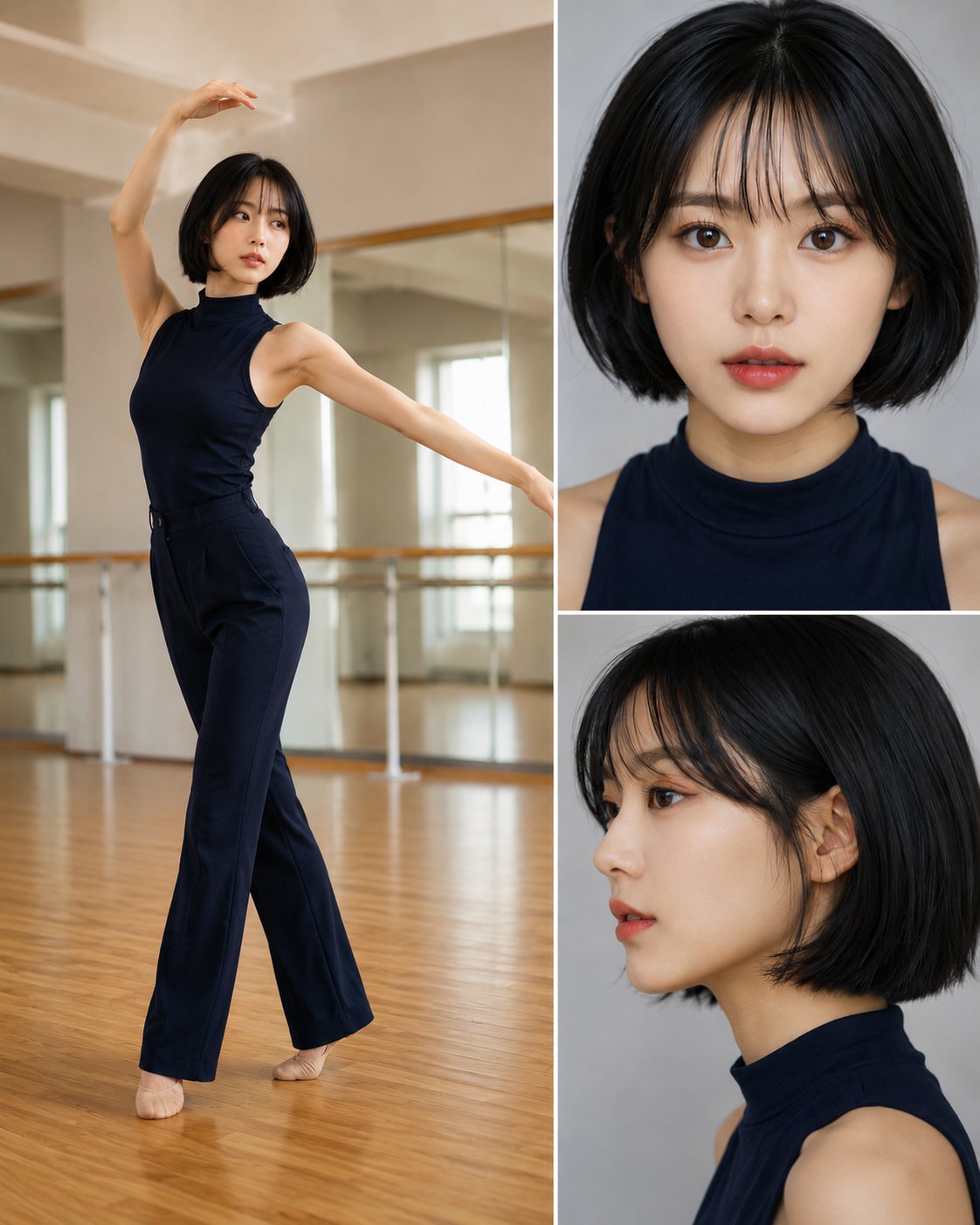 A multi-panel collage of a young East Asian woman with a sleek black bo…
