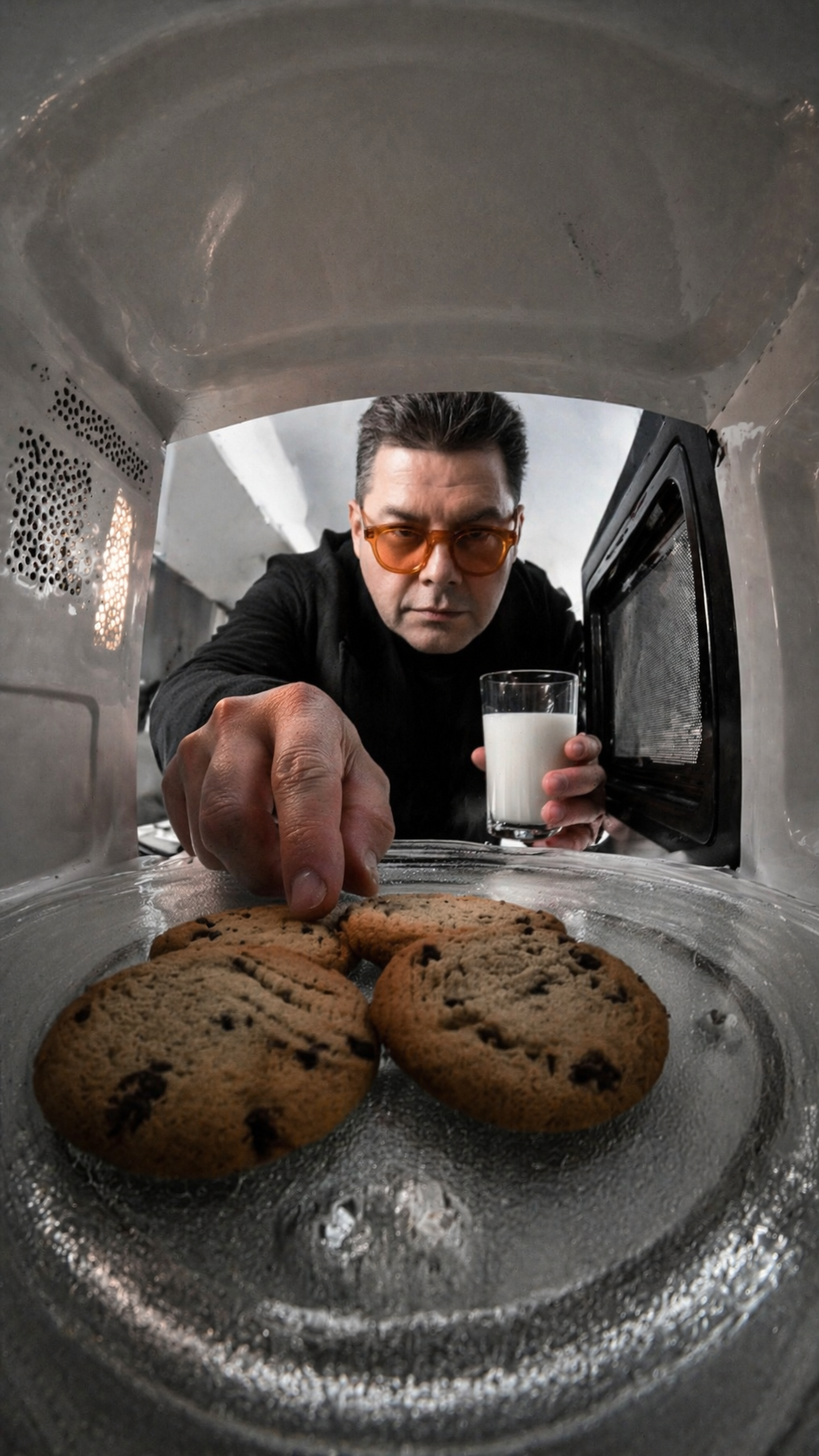 A person reaching into a microwave for cookies while holding a glass of…