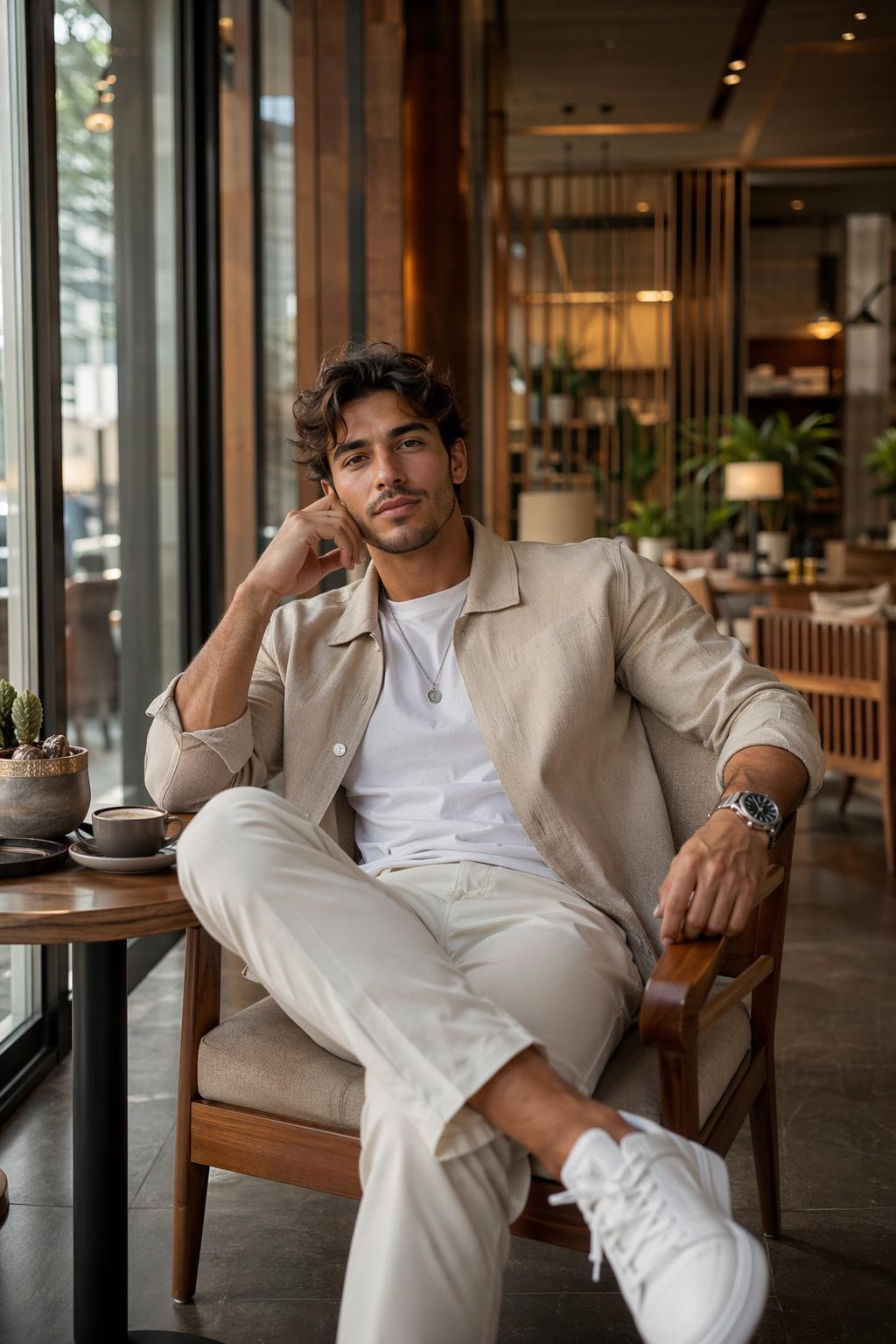 Subject: Stylish young man, relaxed pose, seated casually on a wooden c…