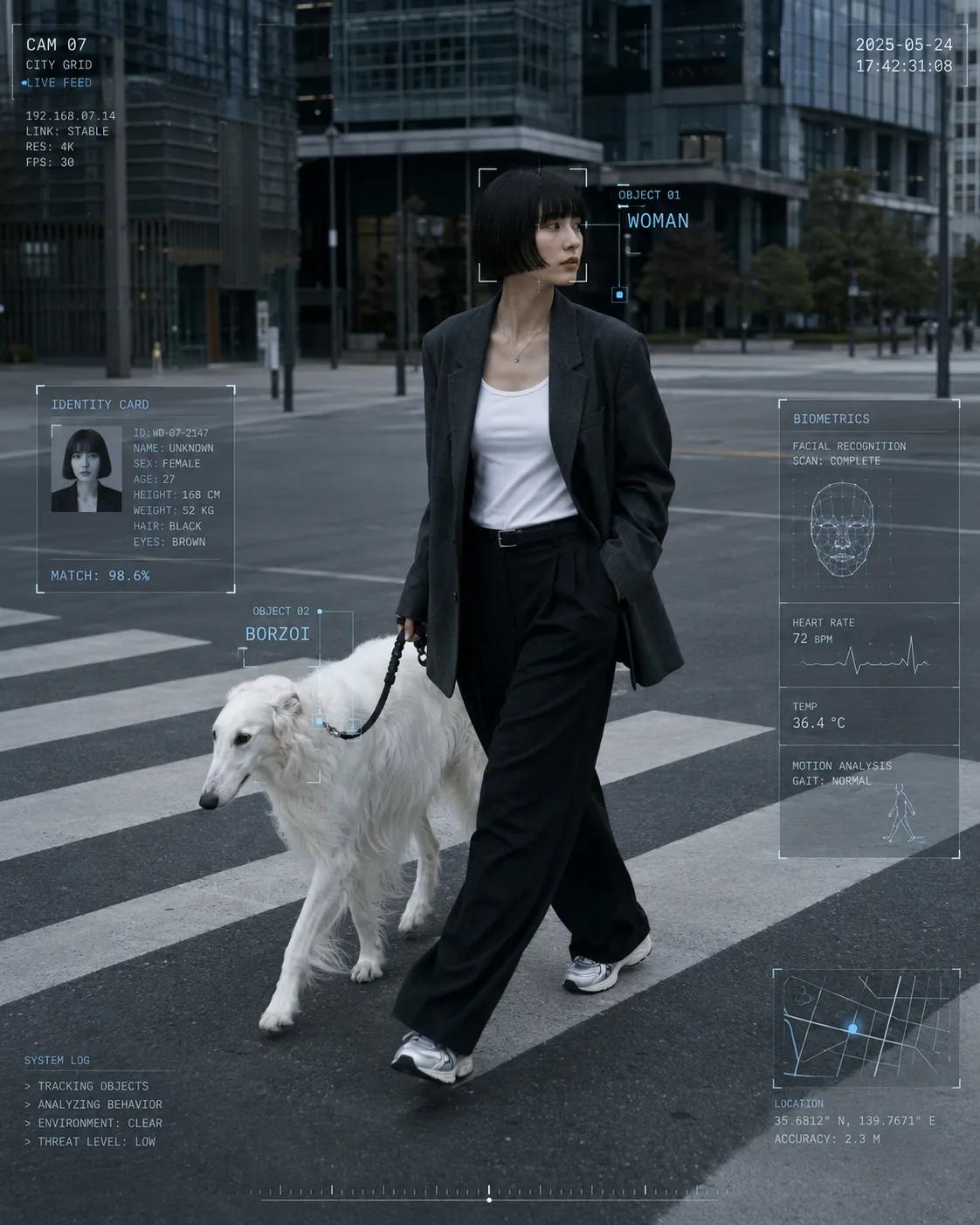 Cyber core editorial photography of [HUMAN] wearing [CLOTHING], walking…