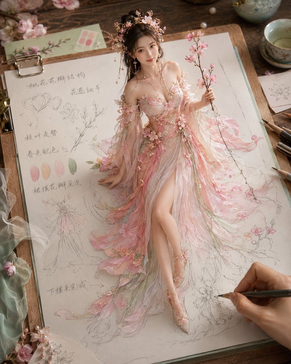 生成一张《纸上成真 · 四时花神衣谱》风格图片，4:5 竖版。 主题为[花神主题]。画面是一张高级米白色花神服饰设定稿纸夹在木质画板上，放在温…