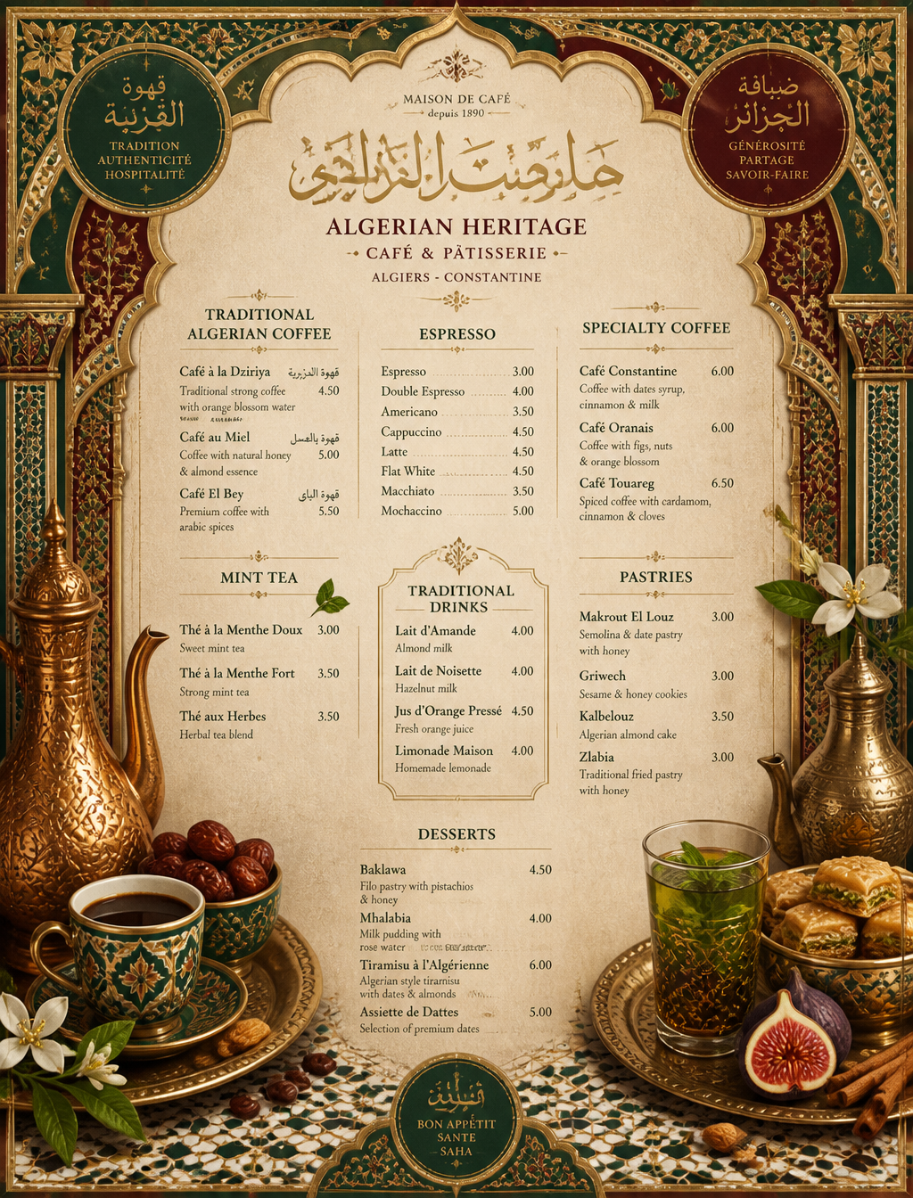 Luxury maximalist coffee shop menu design inspired by Algerian heritage…