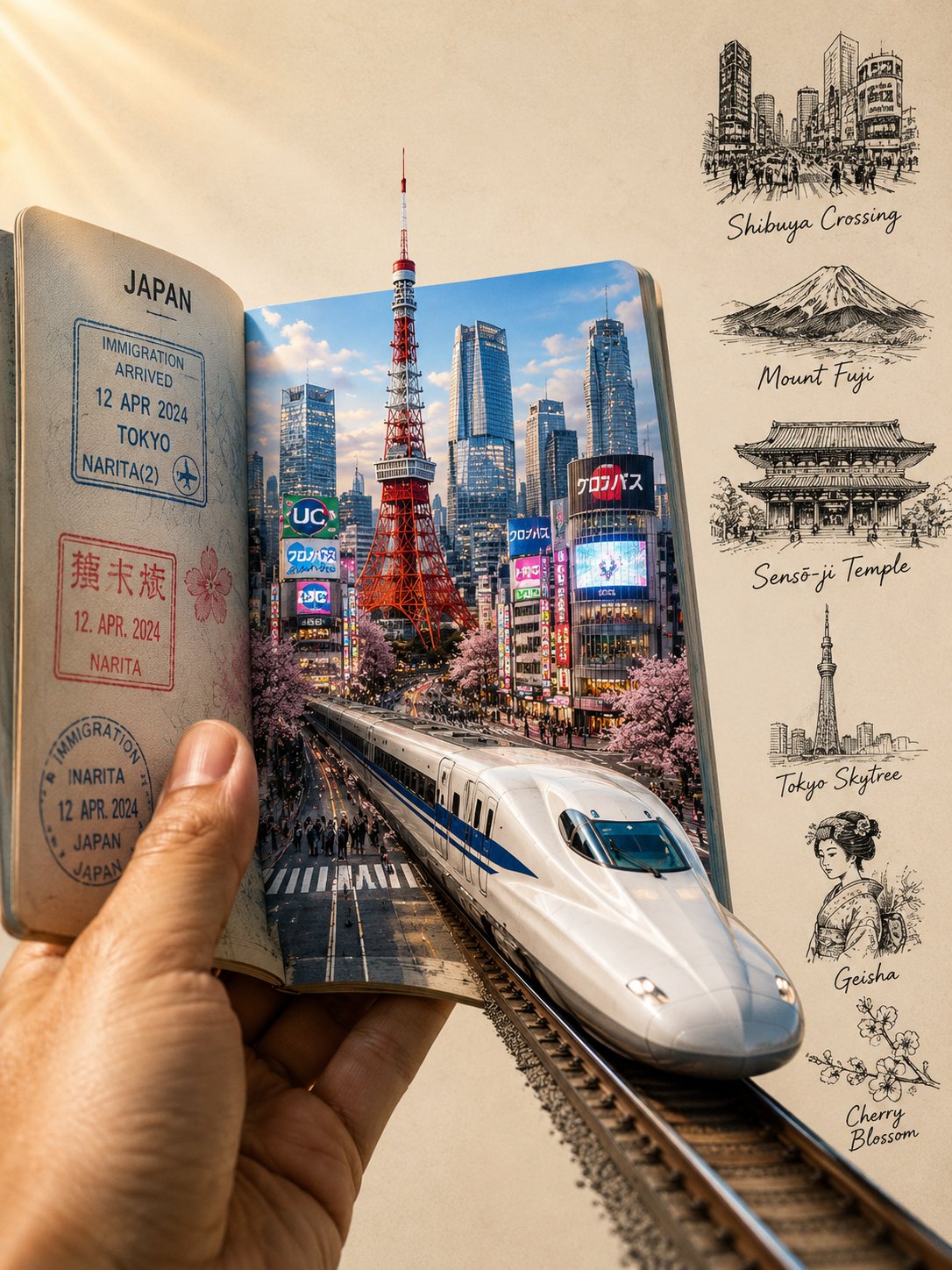 Ultra-realistic, cinematic travel-themed conceptual artwork of Japan in…