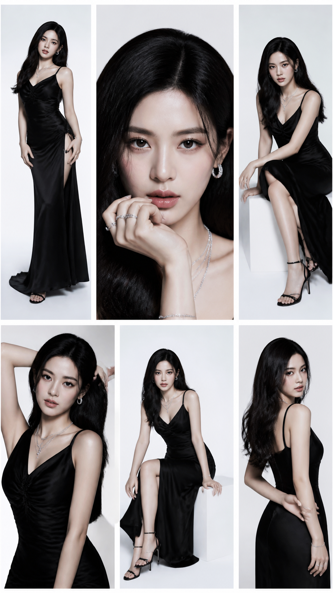 A high-fashion studio editorial featuring a K-pop idol in a multi-panel…