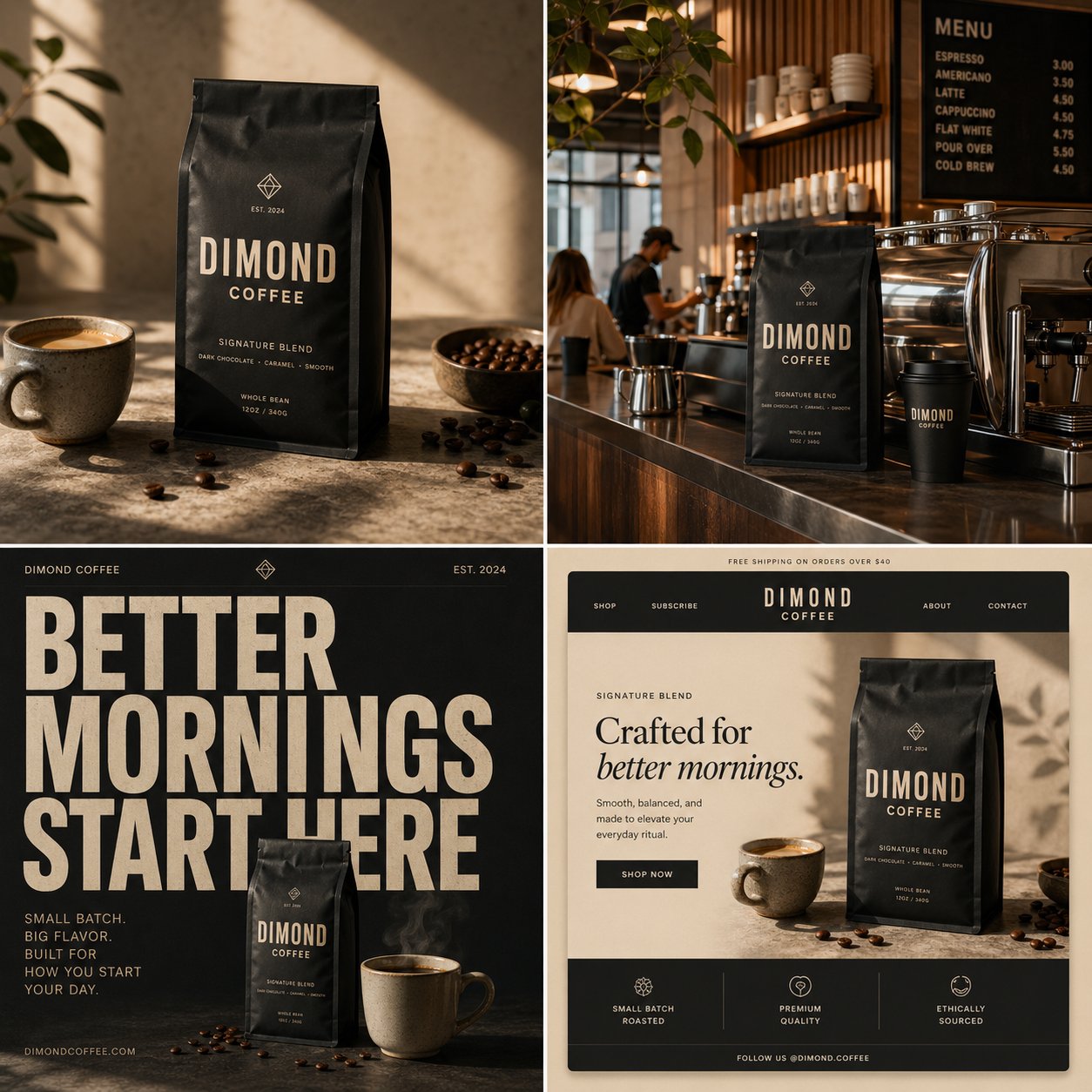 Create a premium ecommerce campaign board for a fictional modern coffee…