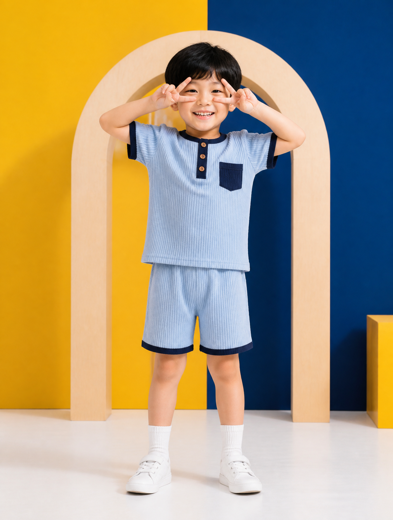 A young East Asian boy with a joyful expression stands centered, his ha…