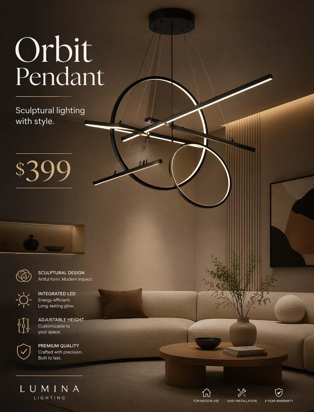 A luxury modern chandelier poster titled “Orbit Pendant,” featuring a s…
