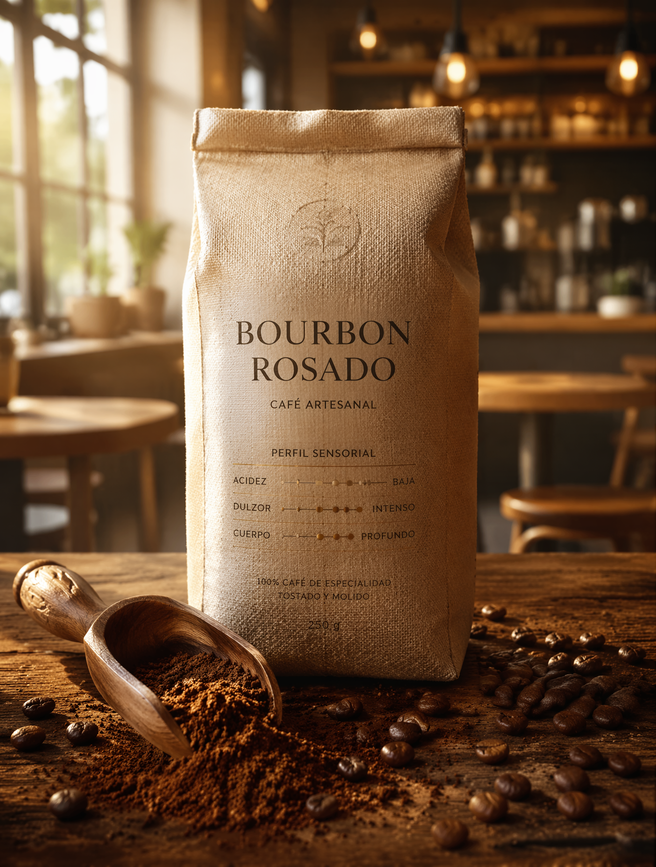 Fotografía de lujo de café molido artesanal de bourbon rosado, envasado…