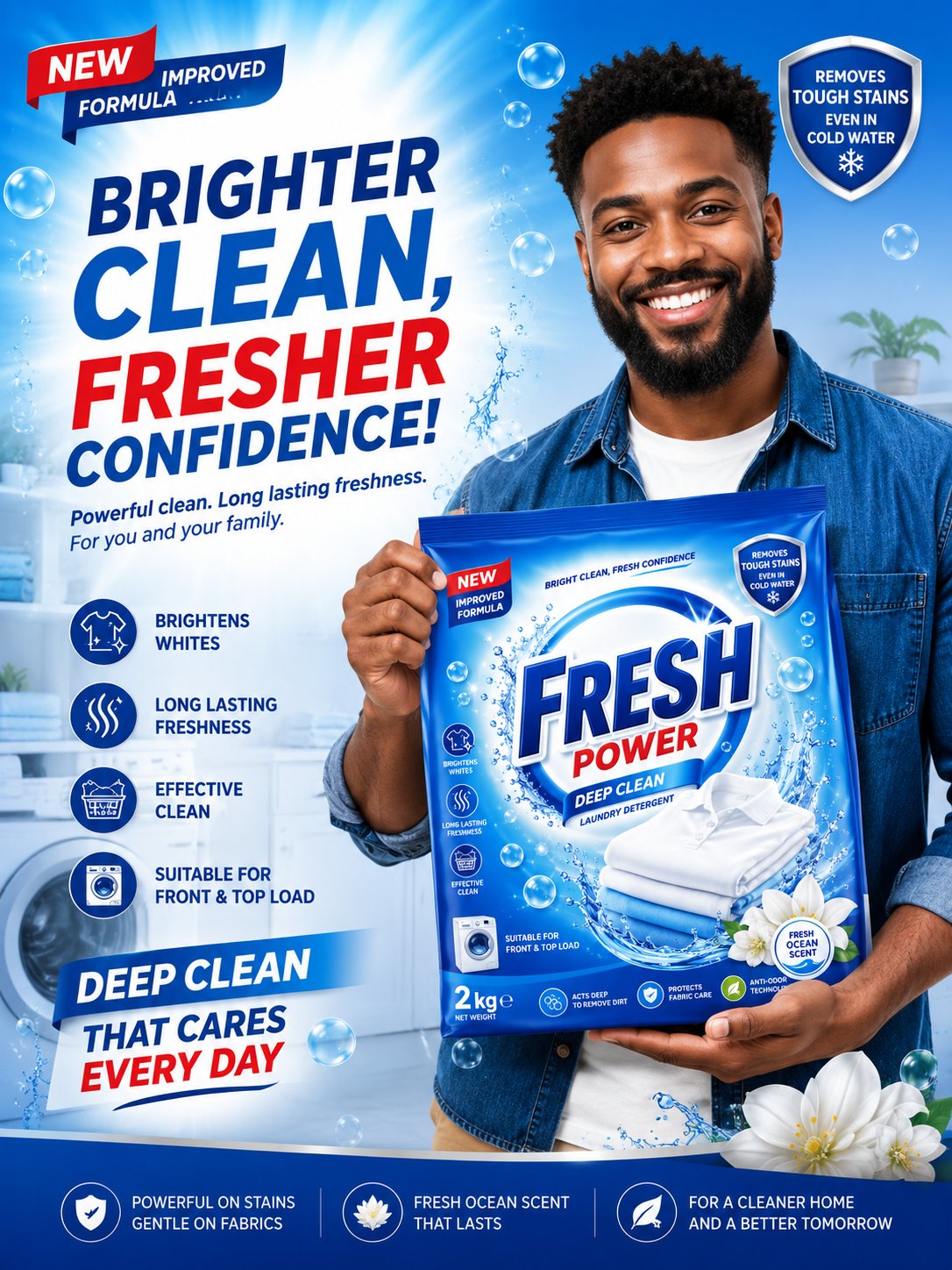 > Create a premium, high-end advertising poster for a laundry detergent…