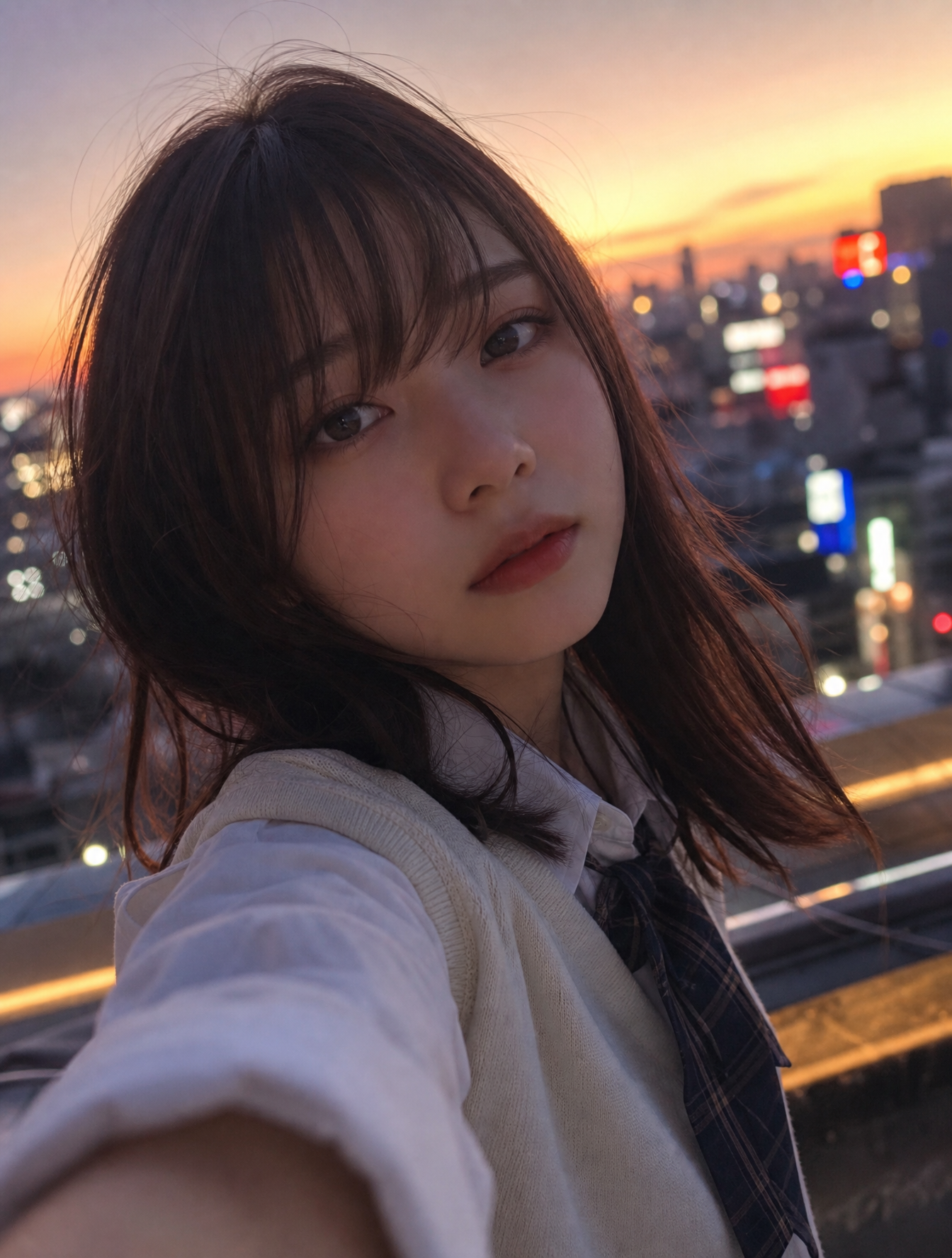 エモーショナルな雰囲気で、夕暮れ時の柔らかな光に包まれた日本人女子大生の自撮り写真。彼女の表情は少し憂いを帯びており、背景には都会のネオンがぼ…