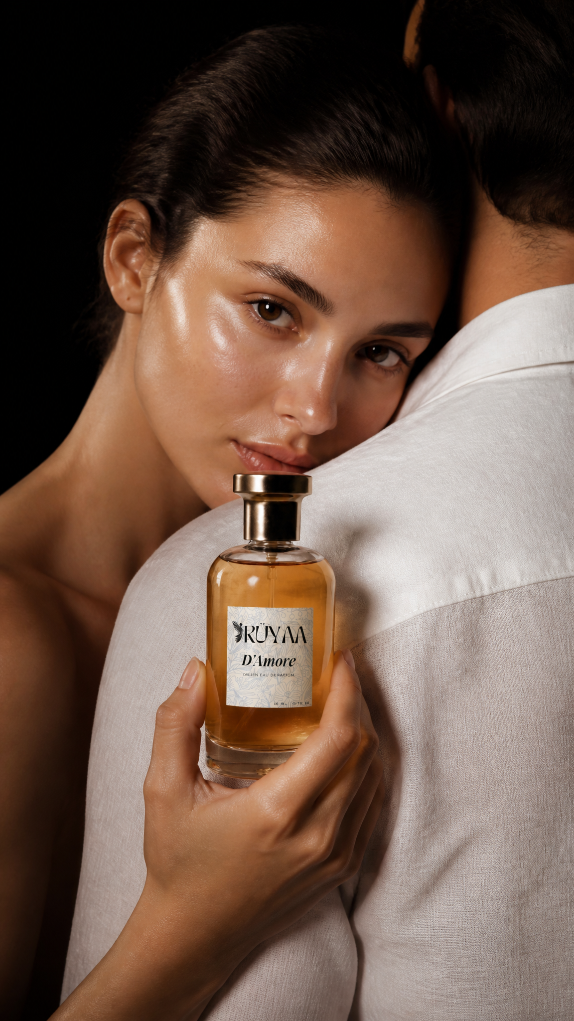 A high-end editorial perfume advertisement features a woman with lumino…