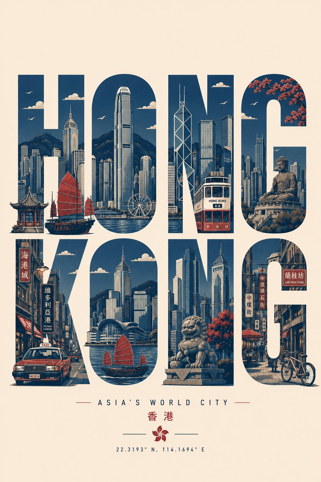 Create a clean, modern typographic travel poster where the city name it… 3
