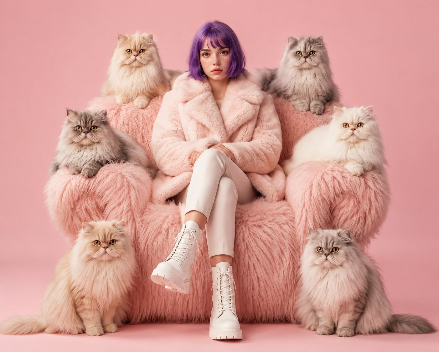 A luxury fashion editorial portrait of a confident young woman with a c…