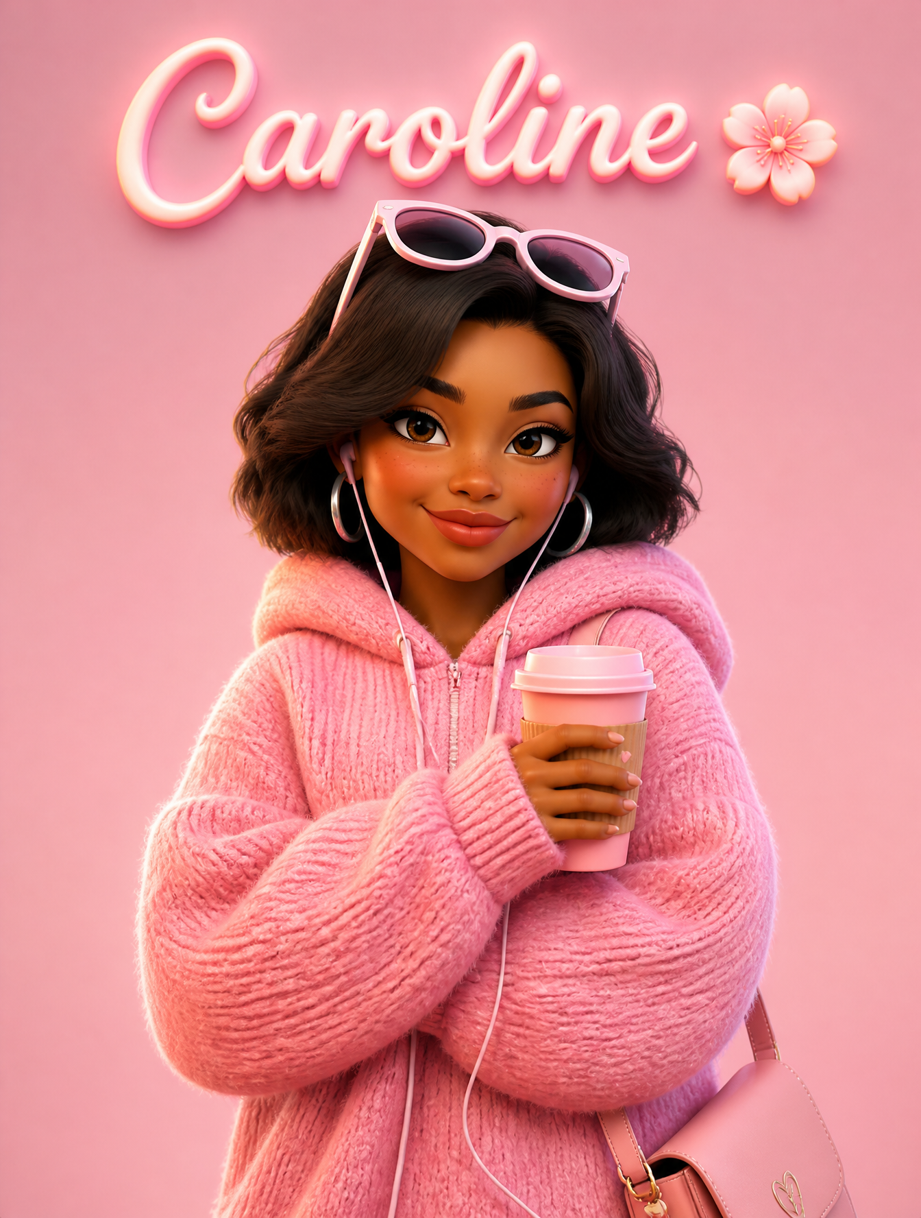 A cute Pixar-style 3D cartoon girl standing against a soft pastel pink …