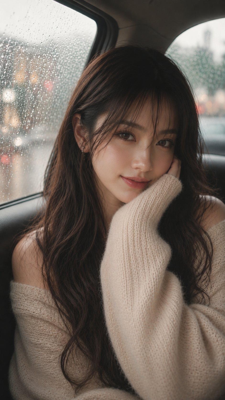 Ultra-realistic cinematic portrait of a beautiful young woman sitting i…