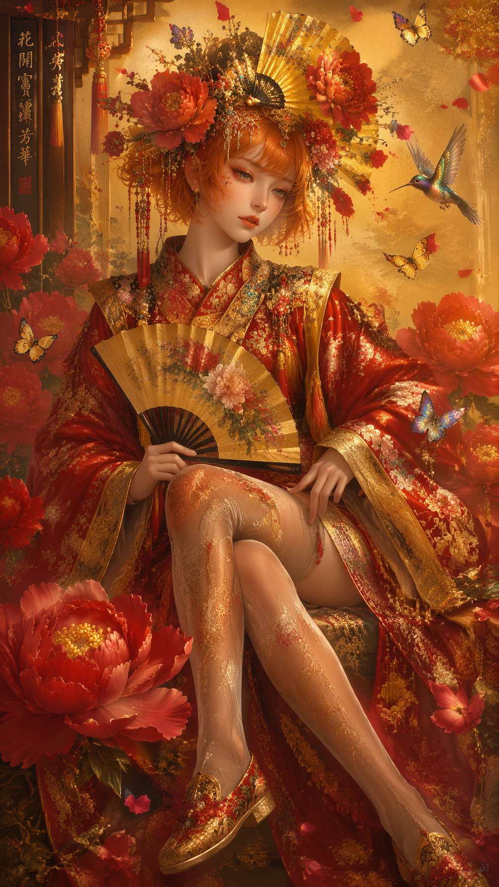 Vertical ornate Chinese meticulous painting, exquisite young lady sitti…